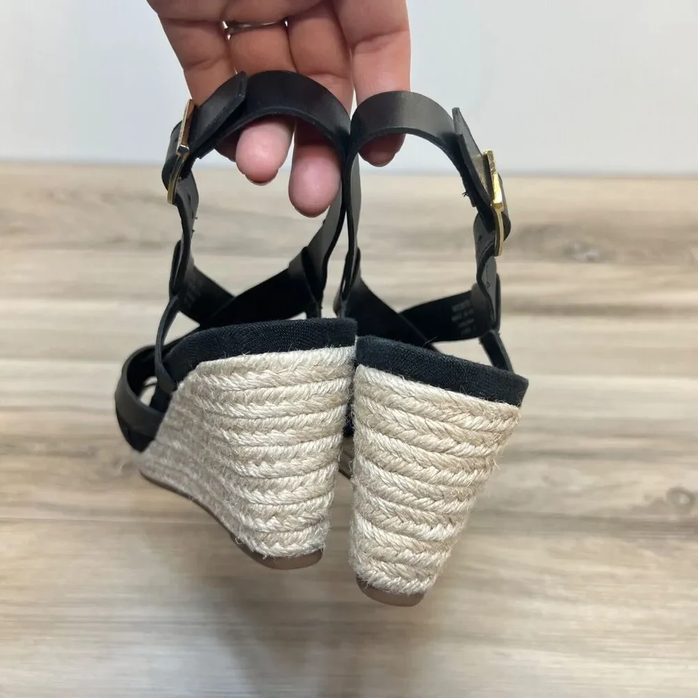 Cole‎ Haan W23573 Crystal Sandal Wedge Black Women Size 7B Leather Espadrilles